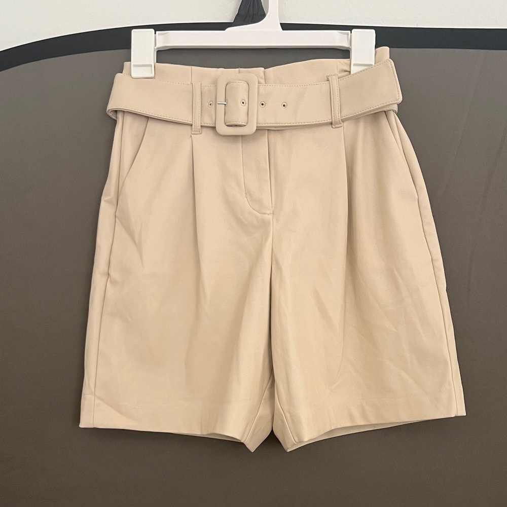 Women's Tan Pleather Belted High Rise Shorts